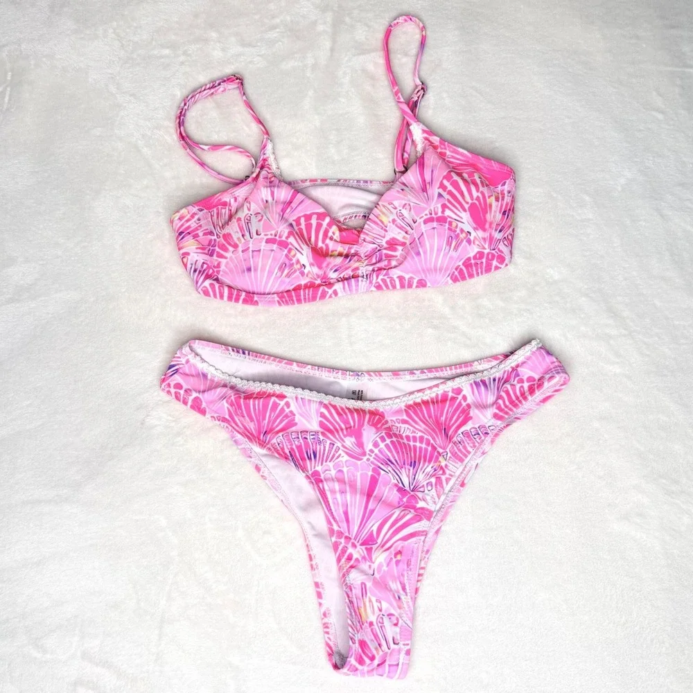 Pink‎ Shell Print Bikini Set XS Cutout Bandeau 2 Piece Swimwear Beach